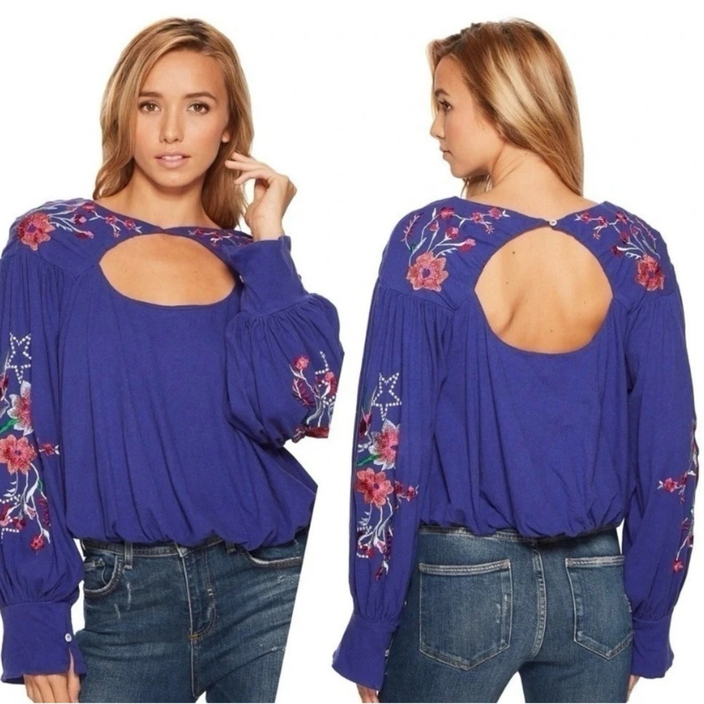 NWT FREE PEOPLE LITA EMBROIDERED TOP WITH CUT OUTS BLUE Boho Chic Festival